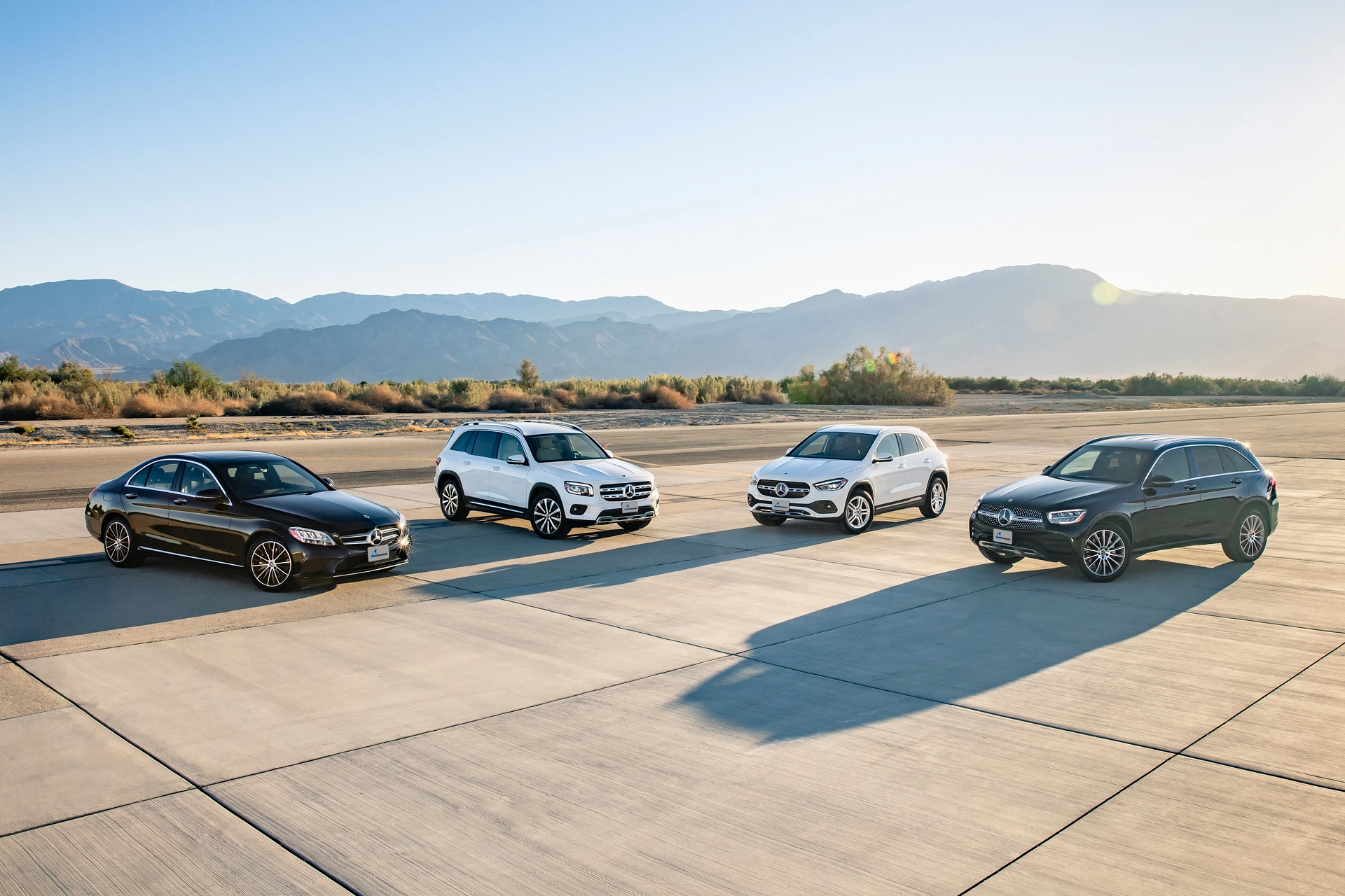 Luxury cars for the business class are parked on concrete with mountains in the background.